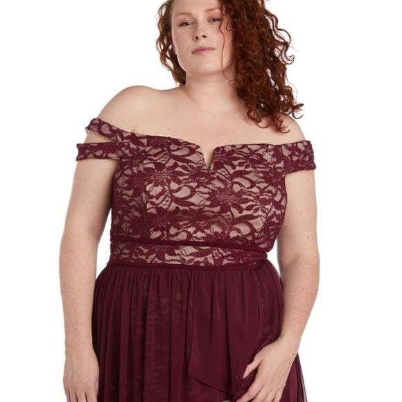 R & M Richards Morgan and Co Off Shoulder Lace Chiffon Dress Merlot Nude 18W NWT - Picture 3 of 11